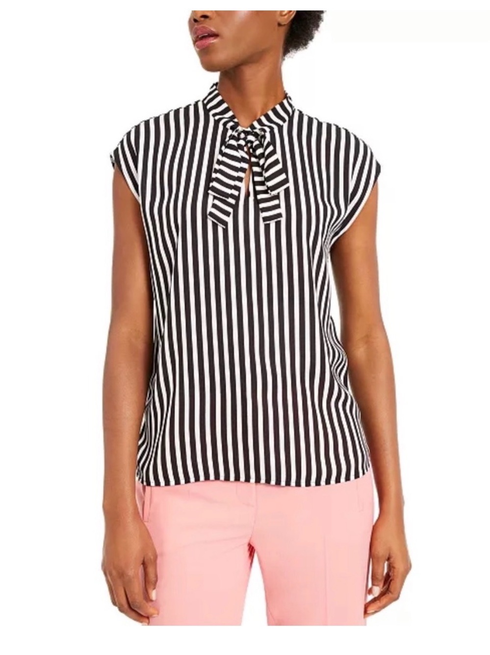 Bar III Black & White Striped Tie-Neck Cap Sleeve Blouse